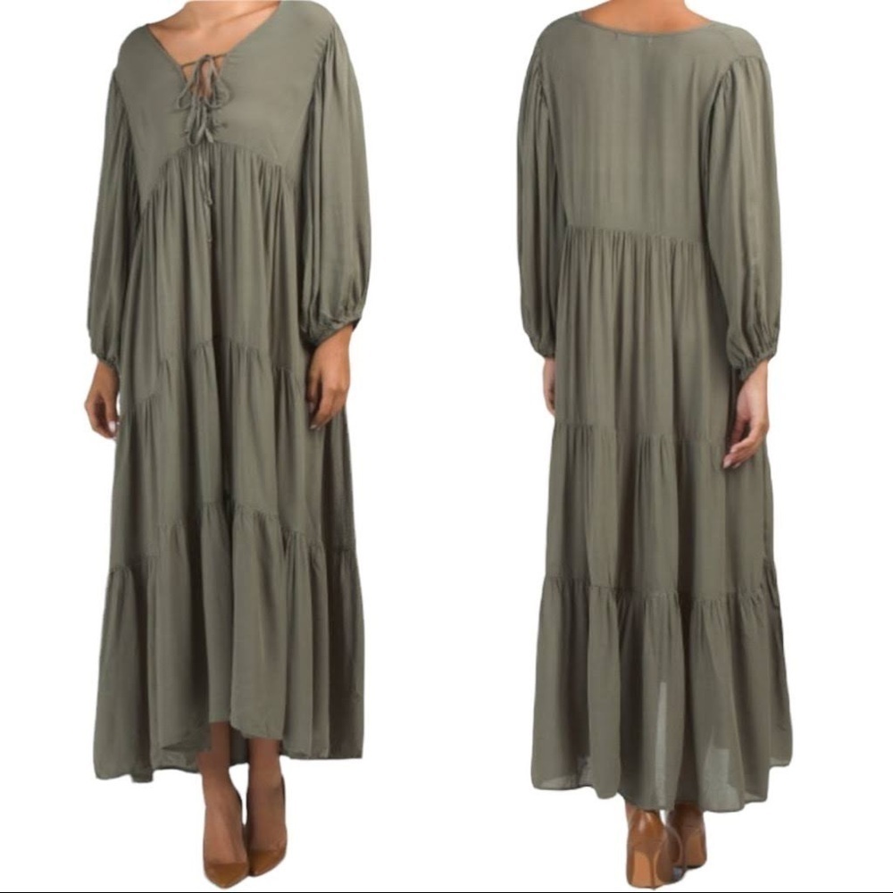 Young Fabulous & Broke / olive green tier maxi Dawn lace up long sleeve Dress xs